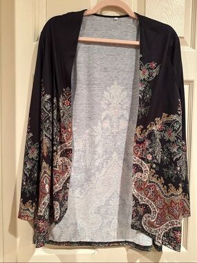 Women's Black Printed Open-Front Kimono Jacket